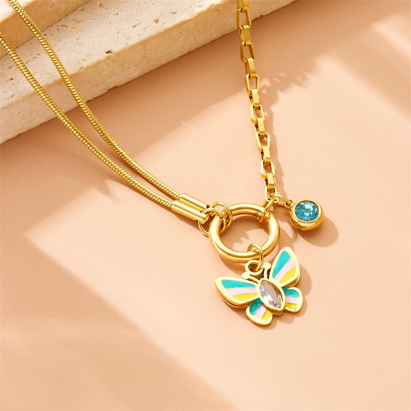 DIEYURO 316L Stainless Steel Colorful Butterfly Splicing Zircon Asymmetric Necklace Earrings Women Trend Non-fading Jewelry Set