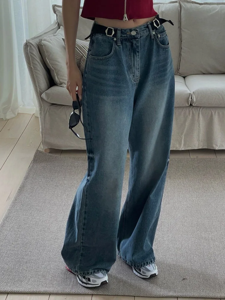 

Американские джинсы свободного кроя с широкими штанинами, высокая талия, синий деним, синие боковые вставки на поясе, осень 2024, новые длинные брюки