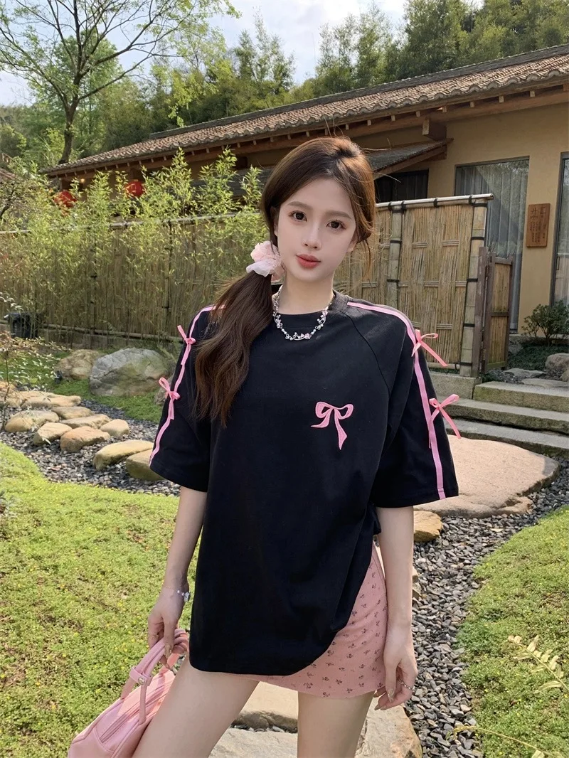 Damska koszulka plus size z haftem w węzły, luźny krój, czysta bawełna, letni top w stylu koreańskim, okrągły dekolt.