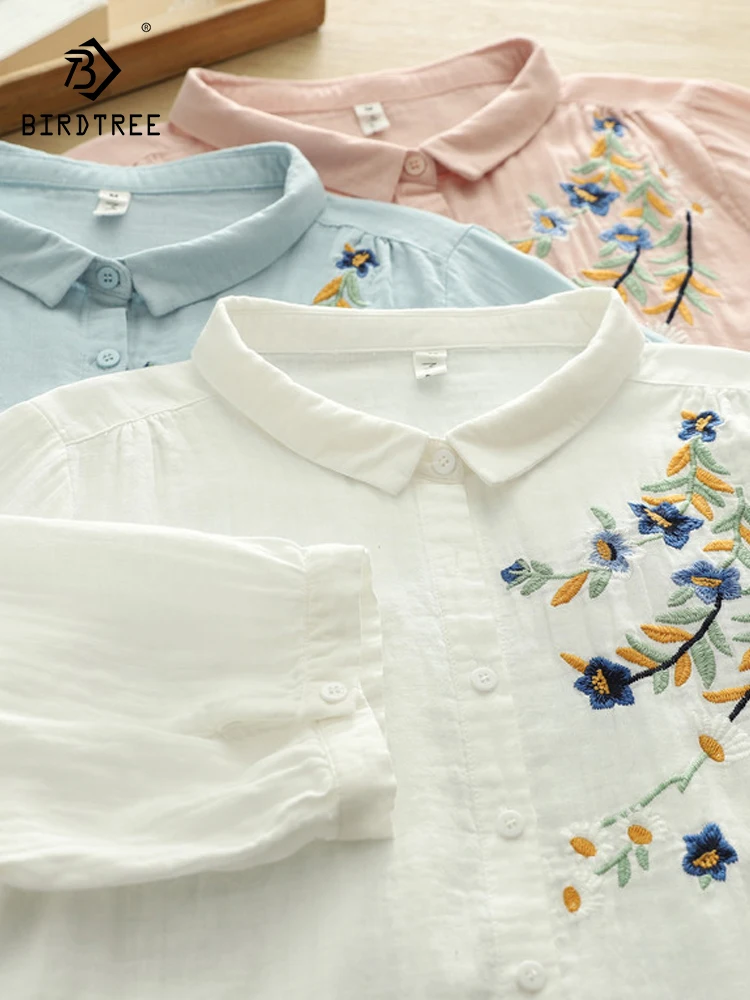

New 2026 Summer Women Cotton Yarn Half Sleeve Shirt, Turn-down Collar Embroidery, Mori Girl Casual Thin Loose Blouse T64525CC