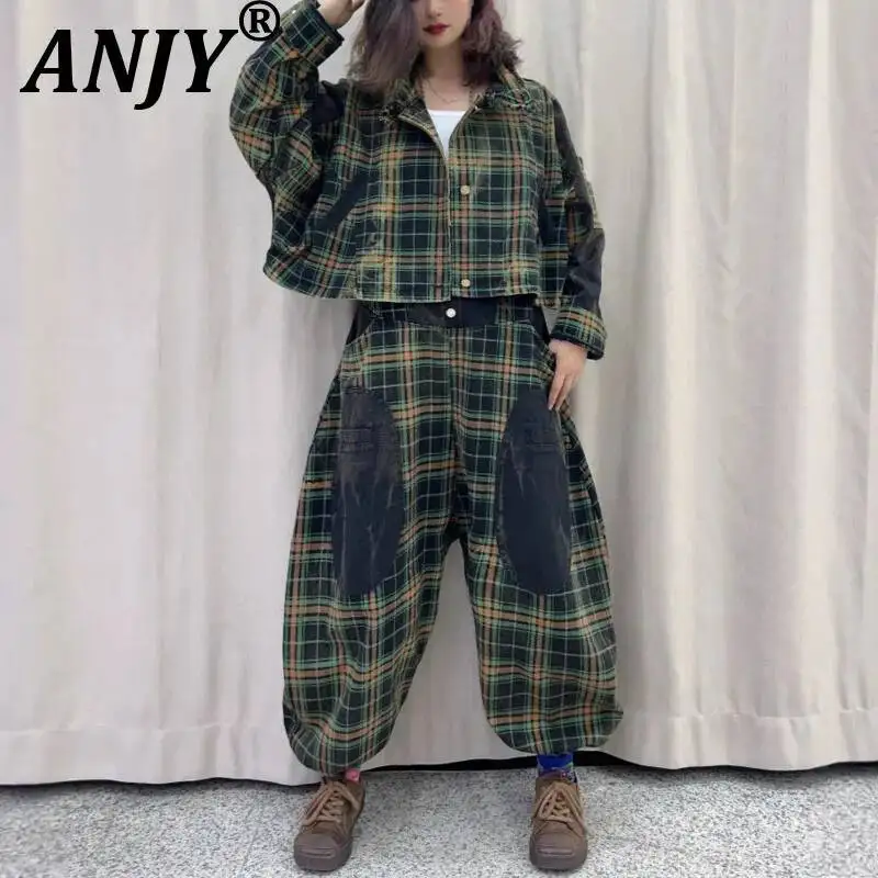 ANJY Autumn New Women Casual Tide Plaid Single Breasted Denim Jacket Stylish Streetwear Y2K Contrast Color Pocket Overalls A8521