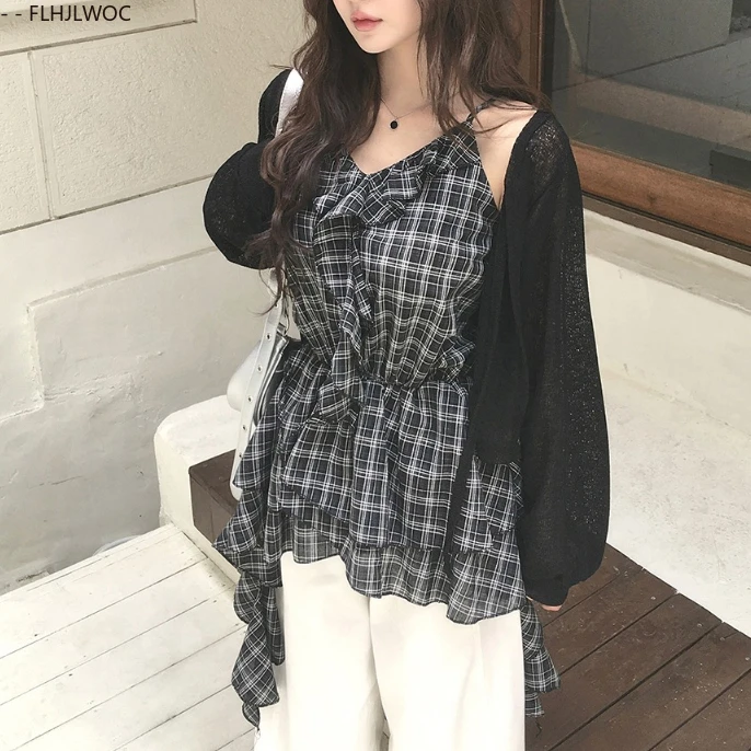 Irregular Sleeveless Peplum Tops Cute Sweet Japan Girls Retro Vintage Ruffles Plaid Shirts Slim Waist Chic Y2K Design Blouses