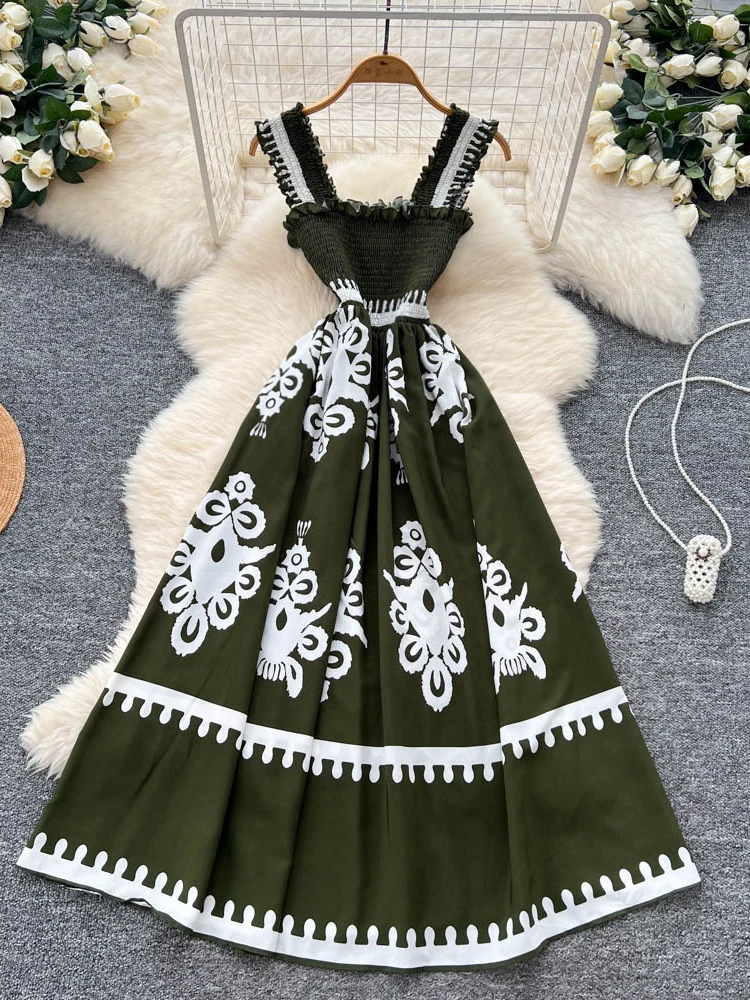 

Printed Camisole Dress for Women Summer with Fungus Edge Waist Cinching Long Tank Dresses