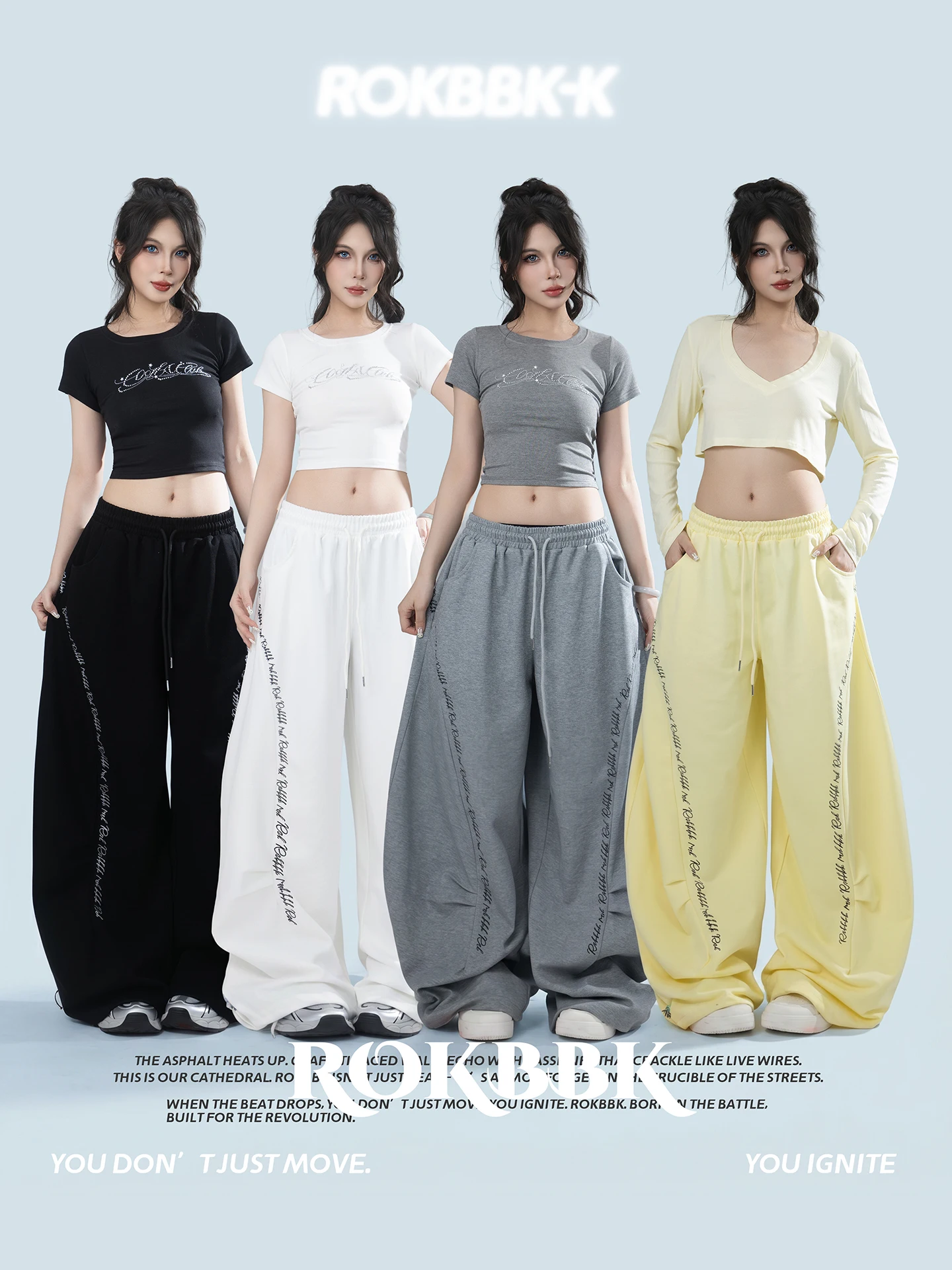 ROKBBK-K Street Style Casual Wide Leg Pants Women's Drawstring Loose Sports Trousers Multi-Color Trendy Cotton Pants