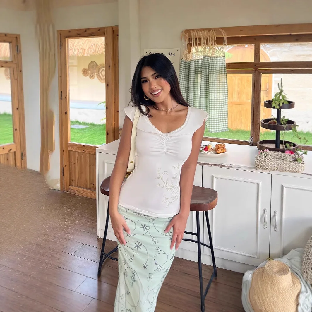 

European and American style simple flower print blouse pure desire sexy lace stitching fold slim short sleeve T-shirt