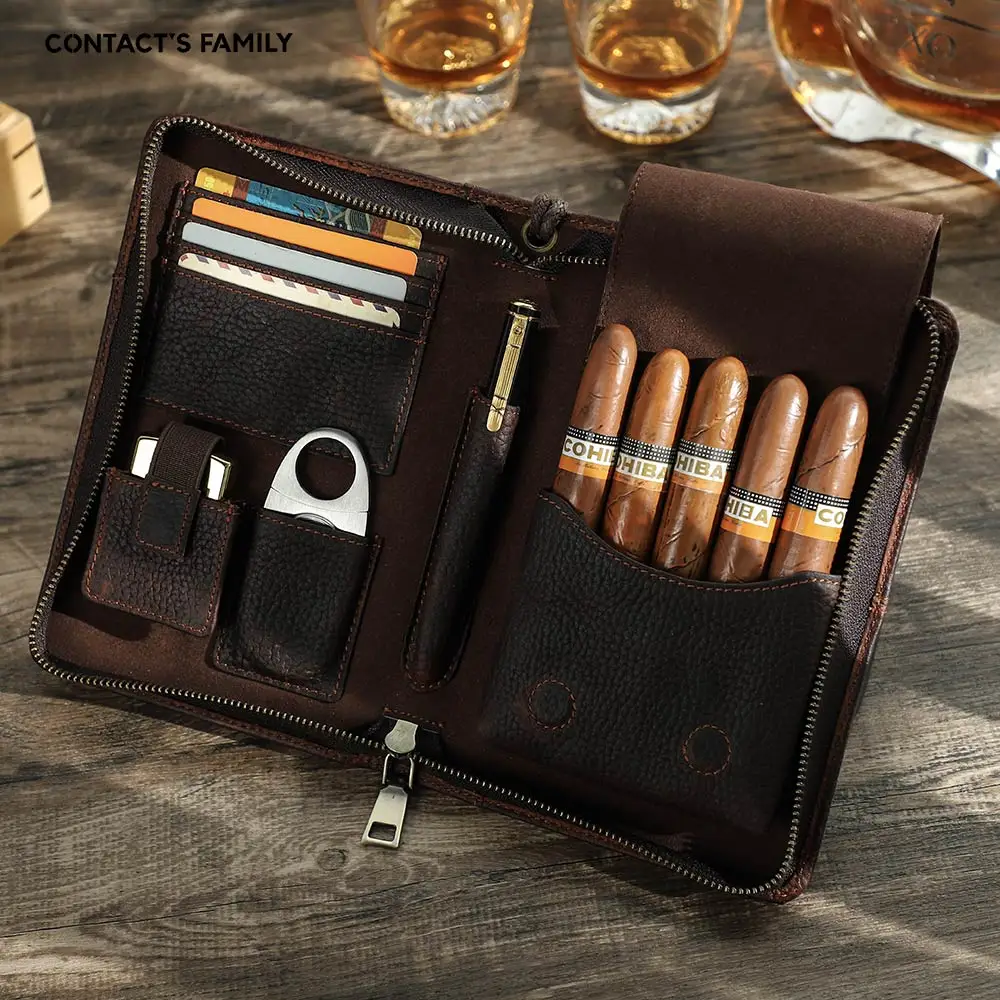 Luxury Vintage Leather Genuine Humidor Cigar Box Portable Travel Cigar Case for Cigar Cutter Lighter Set Accessories