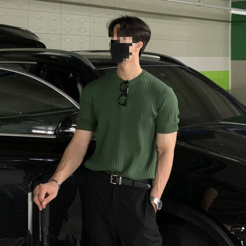 

Ice Silk Short Sleeve T-Shirt Men's Knitted Casual Thin Half Sleeve round Neck Pure Color Slim Fit Korean Style Summer Top