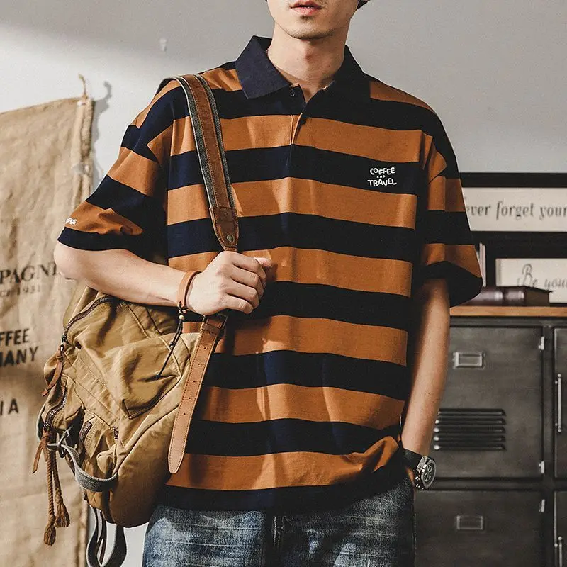 

American Retro Striped T-shirts Men's Clothing Contrasting Colors Summer Polo-Neck Button Fashion Letter Loose Basic Polo Shirts