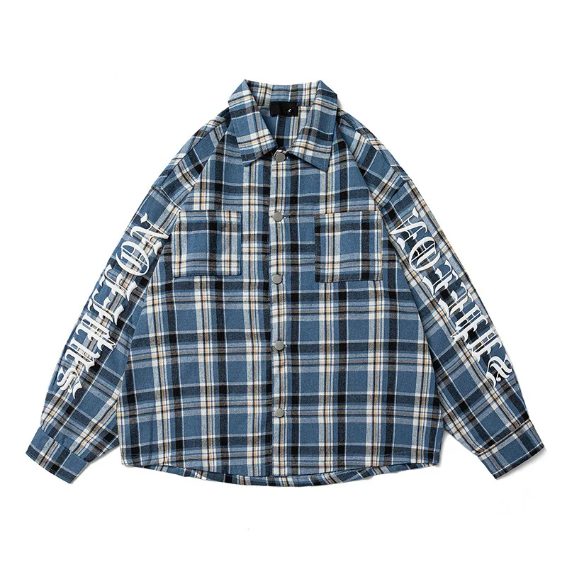 Autumn Men Contrasting Plaid Long Sleeved Shirt Streetwear Letter Embroidery Loose Shirts Tops Spring Harajuku Korean Clothes