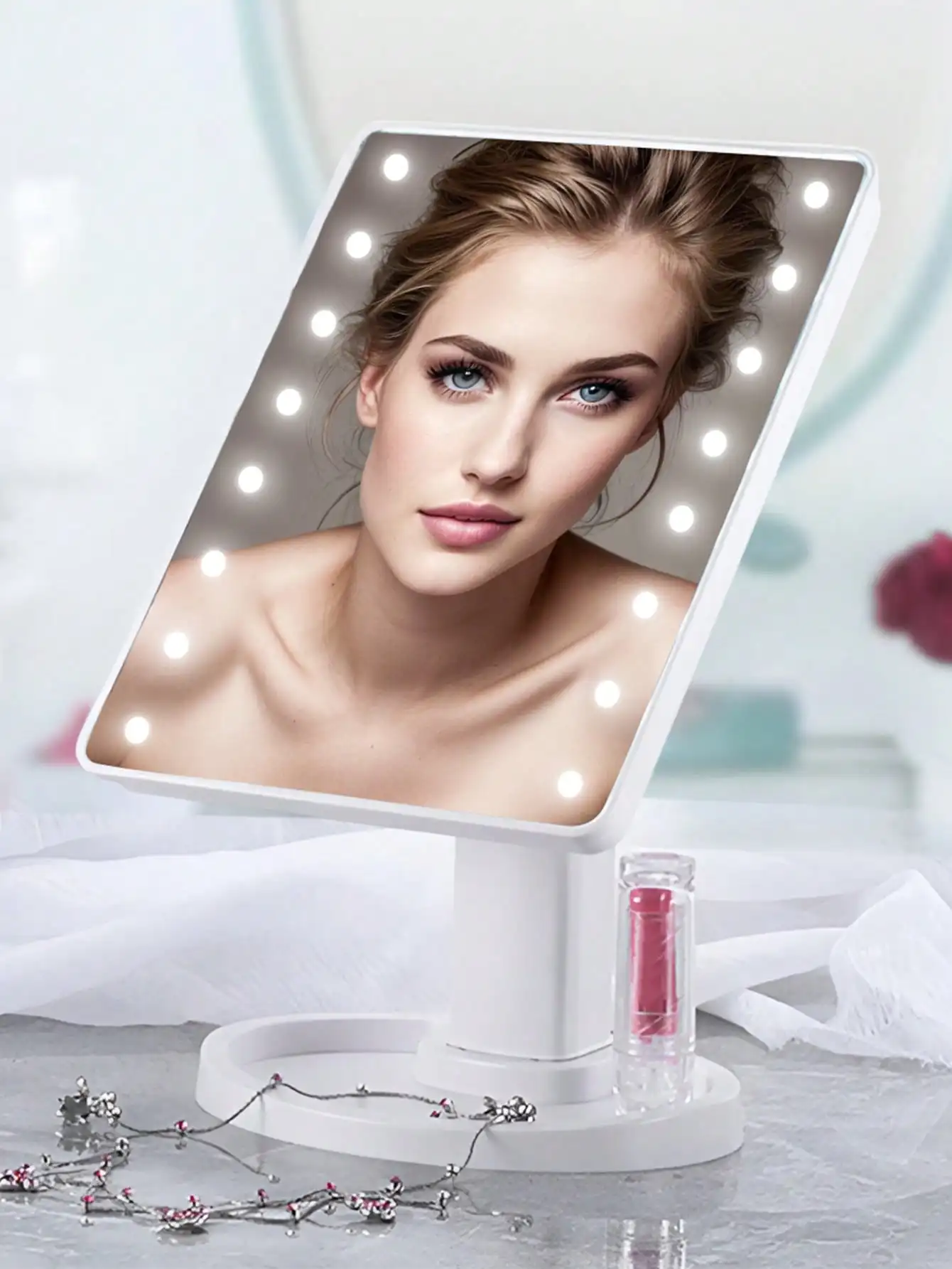 16 مرآة مكياج LED من نوع الطاولة، مرآة تجميل محمولة لسطح المكتب من جانب واحد، مع مساحة تخزين دوارة للمكياج الخفيف #1