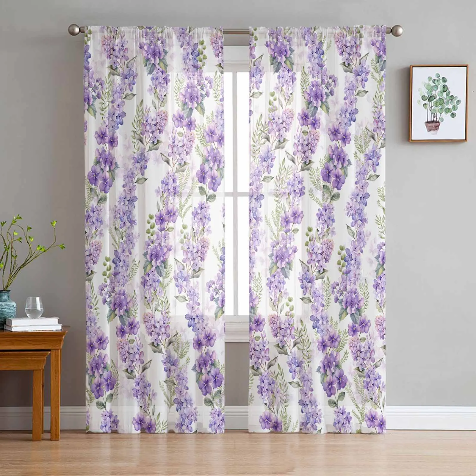 Wisteria Flowers Leaves Watercolor Sheer Curtains for Living Room Decoration Window Curtains Kitchen Tulle Voile Curtains