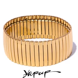 Yhpup Elastic 316L Stainless Steel Metal Wide Big Statement Bracelet Bangle Rust Proof 18K Gold Plated Hyperbole Unisex Jewelry