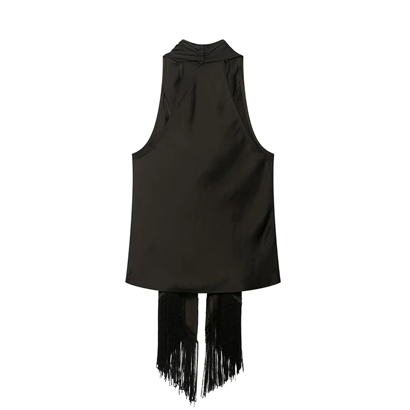 2025 Summer New Top Women's Tassel Decoration Satin Halter Tops for Women Backless Sexy Night Party Short Tops