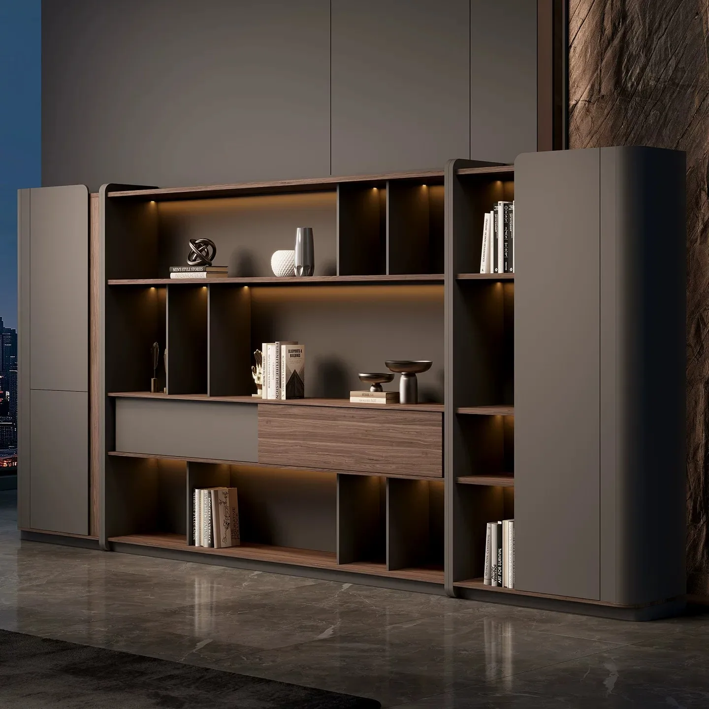 High-grade Wood Grain Texture Floor-to-ceiling File Cabinet Office Background Cabinet Large Bookcase Light Strip Wall Cabinet St