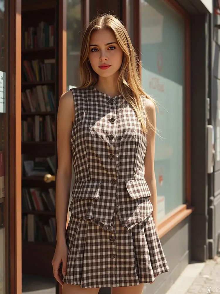 HH Frauen Elegante Plaid Röcke Set O Neck Einreiher Weste Top Mini Shorts Röcke Sommer Dame High Street Fashion Outfit