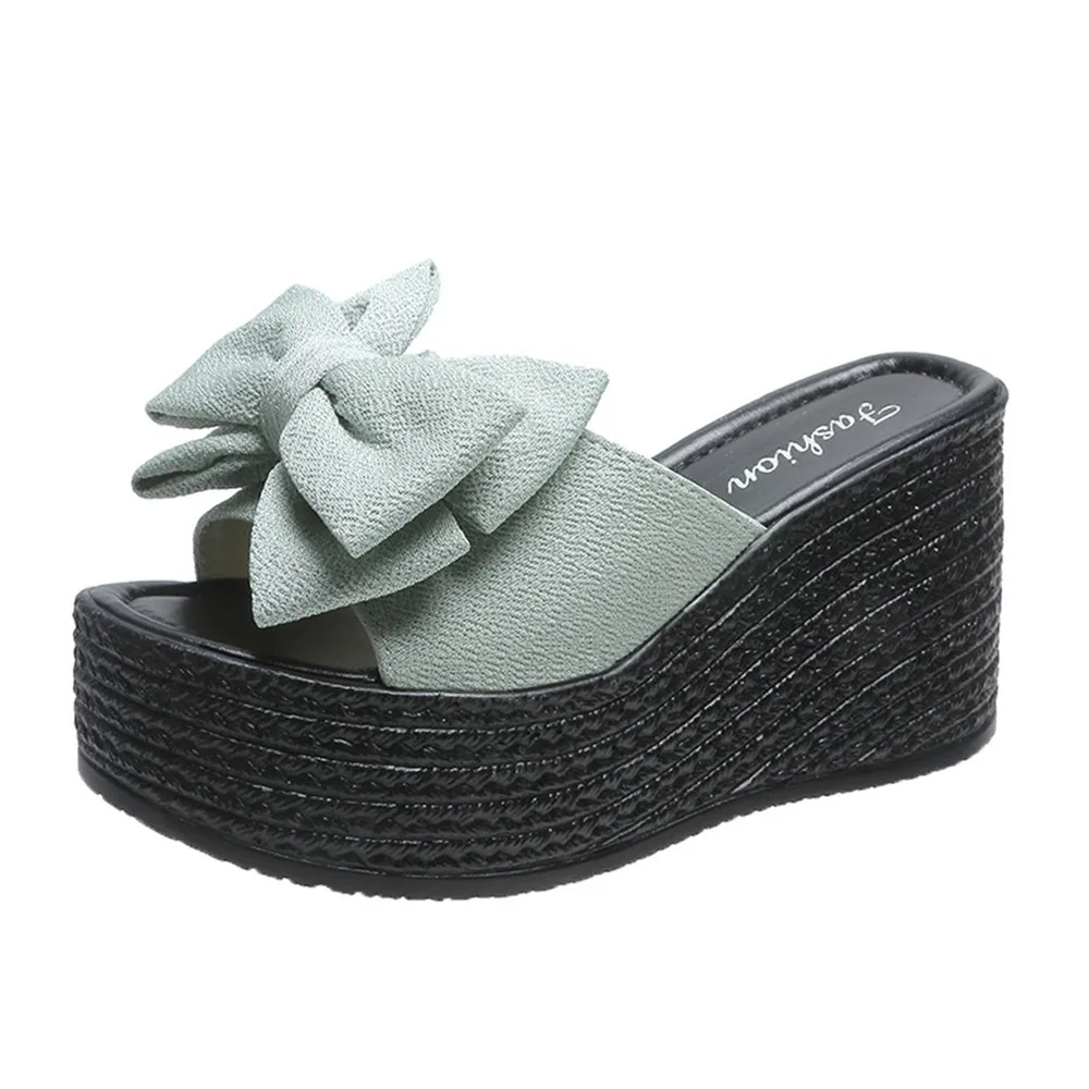 Pantofole da spiaggia con zeppa da donna moda punta aperta scarpe estive nodo a farfalla tacchi alti piattaforma da donna scivoli antiscivolo Beige nero