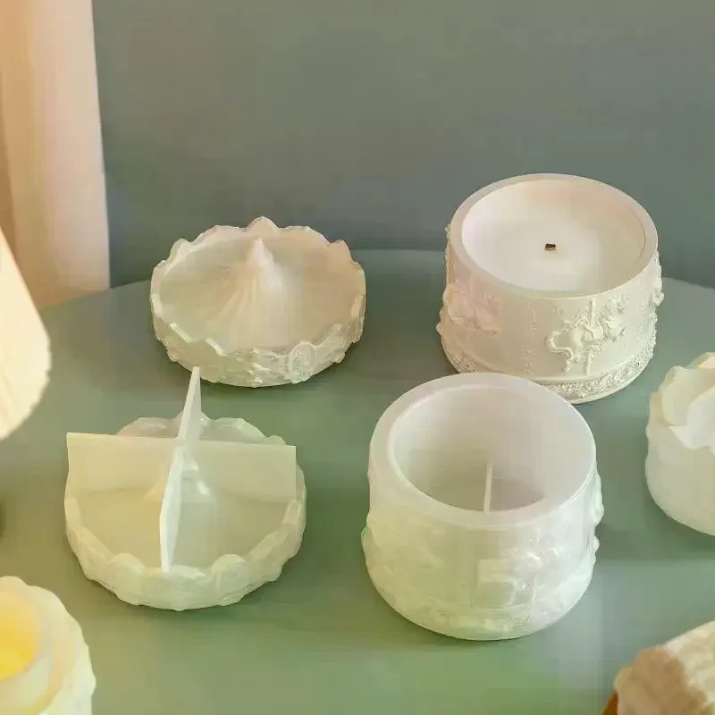 Round Carousel Concrete Candle Cup Aromatherapy Gypsum Storage Box Silicone Mold Plaster Crafts Home Decoration Resin Jar Mould - view 2