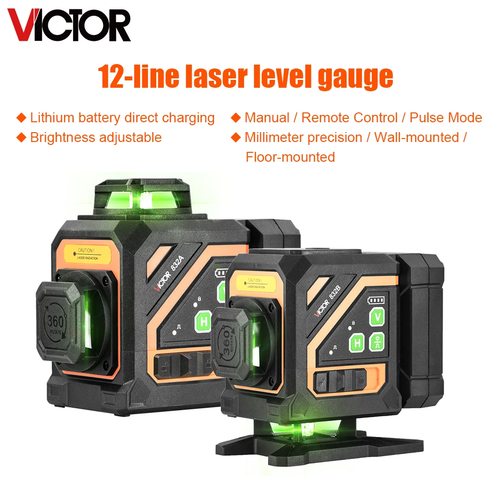 2026 Victor 5400mAh Lithium Battery Green Laser Level | 12 Lines 3 Sides 360° Horizontal Vertical | Outdoor Leveling Measurin