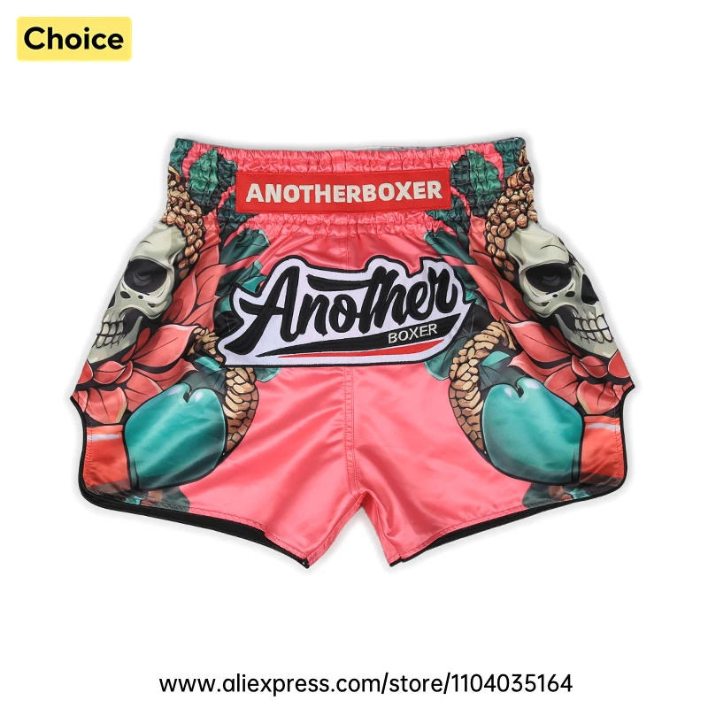 Premium Rosa Totenkopf-Blumen-Muay-Thai-Shorts Glänzende Satin-Leichtgewicht-Kampfshorts für Kickboxen MMA Cage-Boxen Trainingsbekleidung