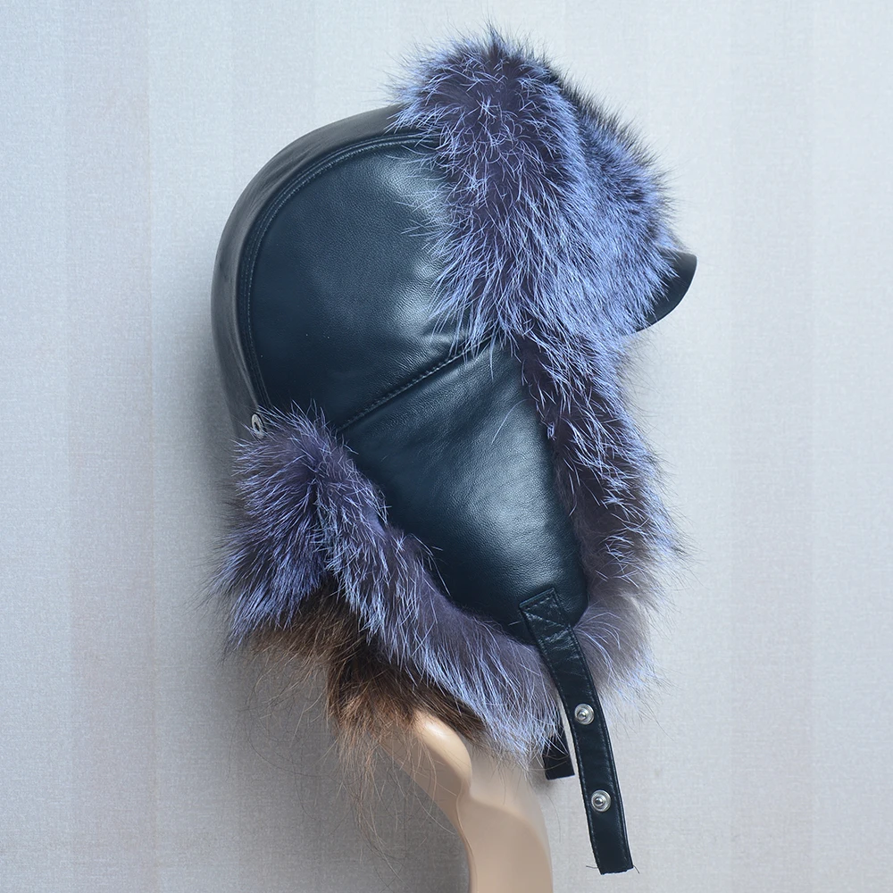 Genuine Silver Fox Fur Hat with Ear Flaps Real Natural Fur Caps for Russian Women Bomber Hats Trapper Cap with Real Leather Top