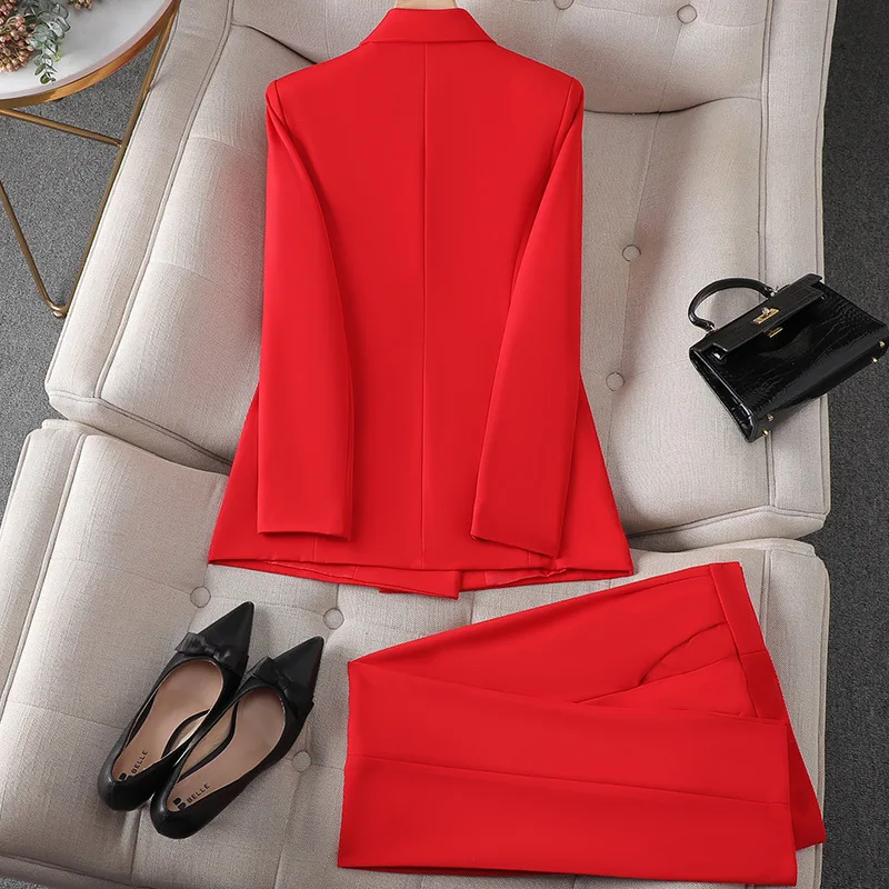 Women\'s Suits Red Blazer+Pants 2 Piece For Office Lady Formal Business Pantsuit White Elegant Outfits For Lady