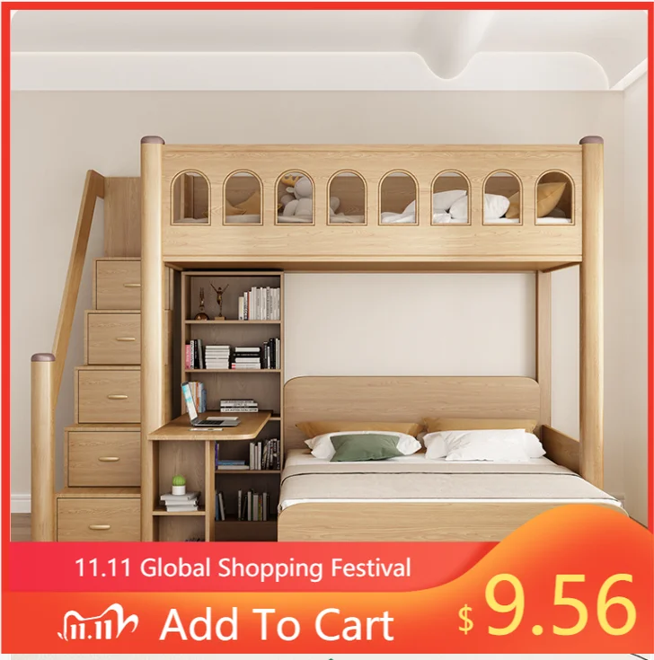 

Bedroom Kids Furniture Wholesale Natural Wooden Children Bed with Ladder and Table