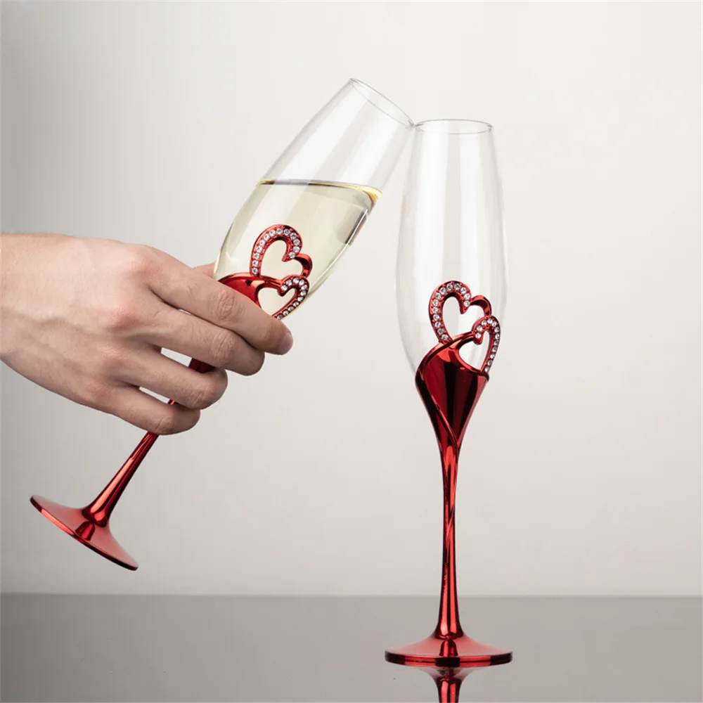 2pcs Handmade Champagne Glasses Crystal Heart-shaped Champagne Wine Cup Party Christmas Day Wedding Gift Wine Glass Goblet