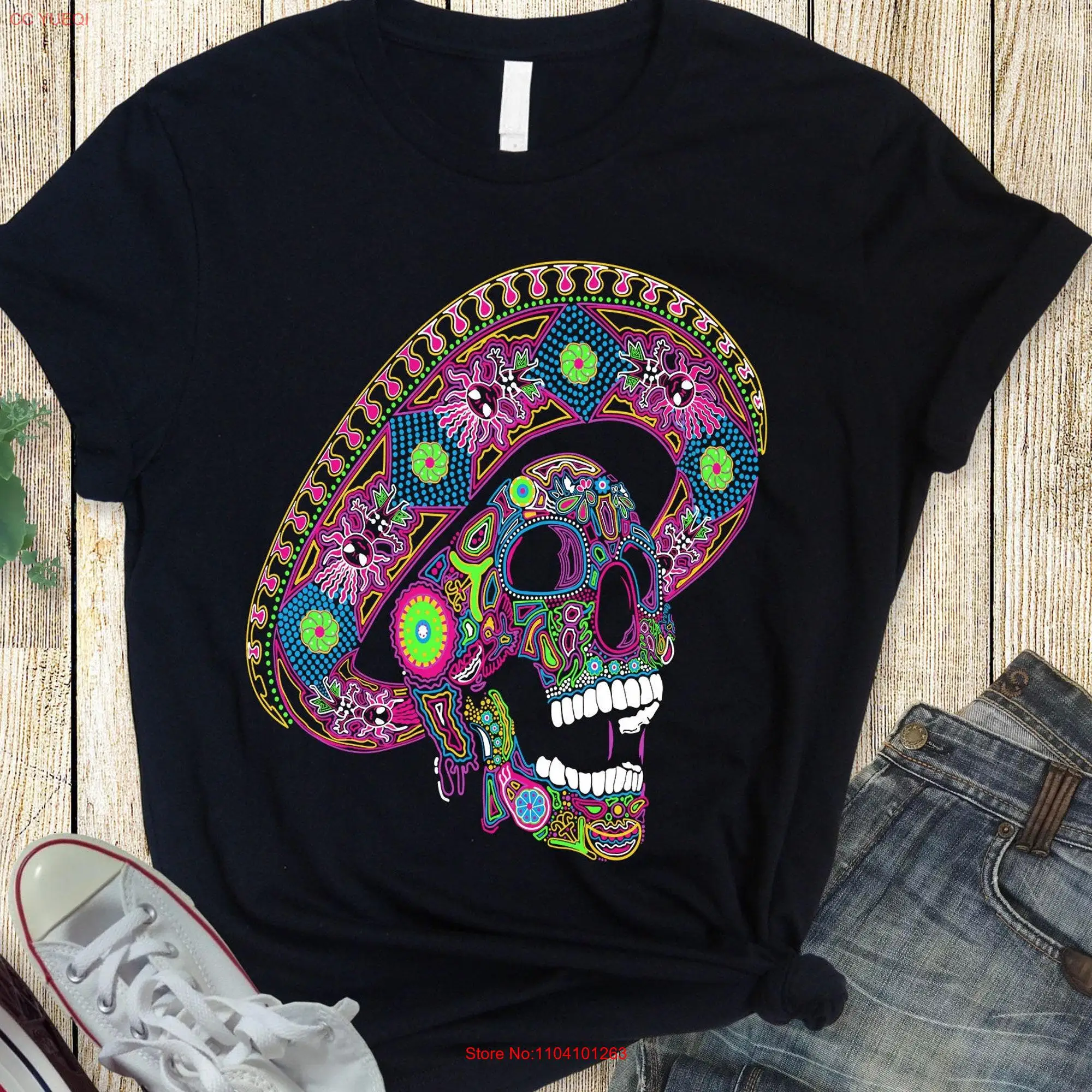 Sombrero Huichol Skull Calavera Mexico T Shirt long or short sleeves