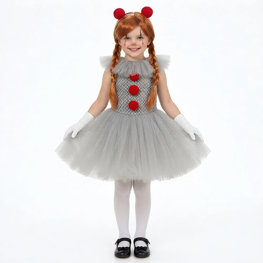 Halloween Costume Girls Gray Tutu Scary Vestidos Joker Dress Kids Cosplay Clown Costume Carnival Party Dress Up