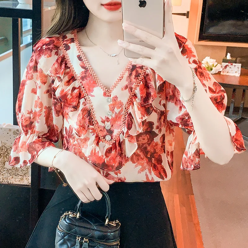 Women\'s Summer V-Neck Ruffles Button Lace Pullover Flower Print Pleated Fashion Petal Half Sleeve T-shirt Office Lady Tops