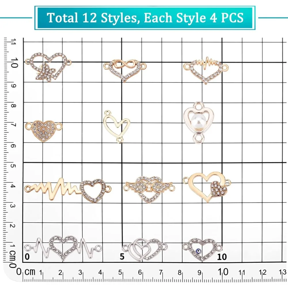 48 قطعة وصلات على شكل قلب، 12 أنماط من موصلات حجر الراين دلايات الحب الحلو على شكل قلب لأساور الأقراط