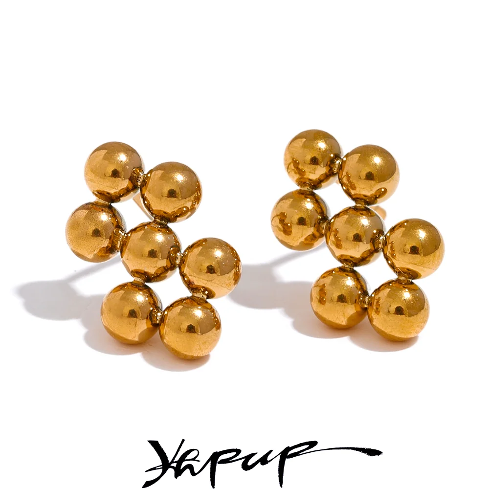 Yhpup Stainless Steel Ball Beads Chic Small Stud Earrings Gold Color 18K PVD Plated Charm Fashion Jewelry for Women Bijoux Daily