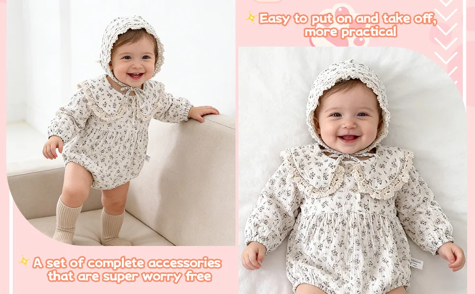 Baby-Mädchen-Strampler mit Blumenmuster, Spitzen-Peter-Pan-Kragen, Langarm-Bubble-Body mit Haube, Weiches, Atmungsaktives Outfit für Frühling und Herbst – Detail 3