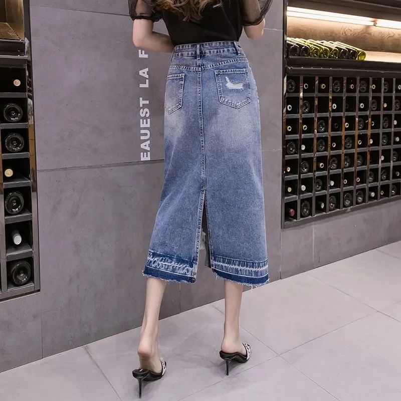 Coreano casual saia jeans divisão para as mulheres, saia de cowboy, de cintura alta saia curta com uma linha, primavera e verão roupas, 2024