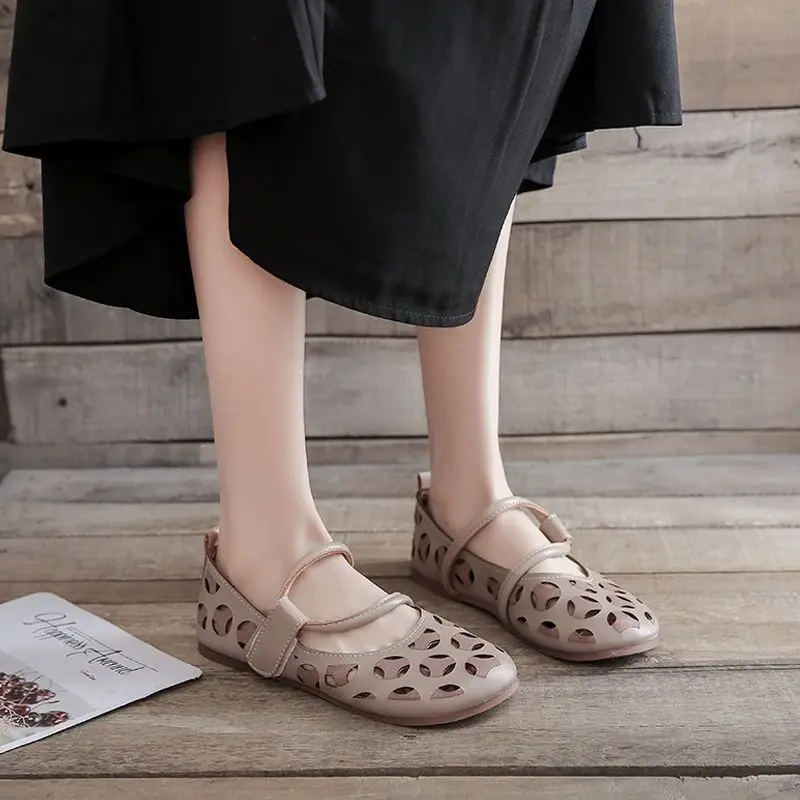 Ballet Flats Women Cheap Leather Moccasins Shoes Woman Mary Jane Retro Hollow Out Sandals Ladies Platform Sandal