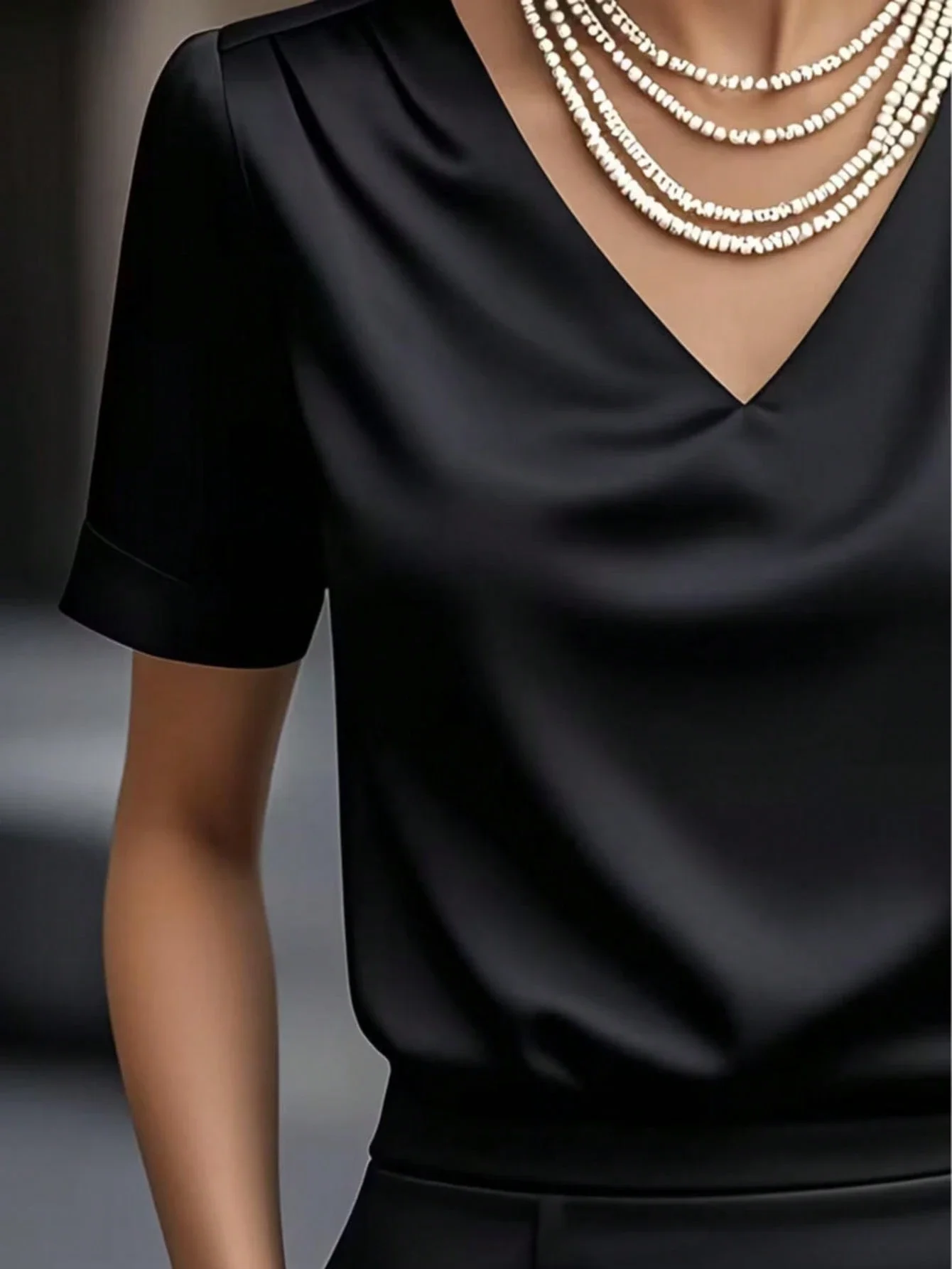 

Women Solid Color Satin V-Neck Short Sleeve Blouse Elegant Casual Office Top