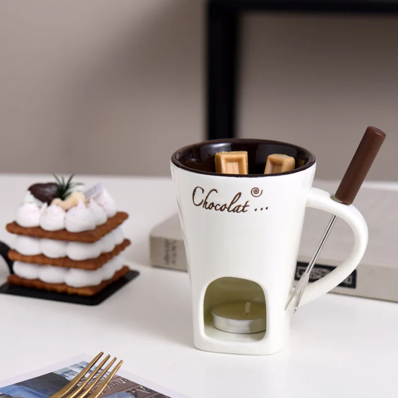 

European Candle Cup Cheese Chocolate Melting Ceramic Mug Heating Food Ceramic Mug with Fork Creative Coffee Mug Tableware 130ML
