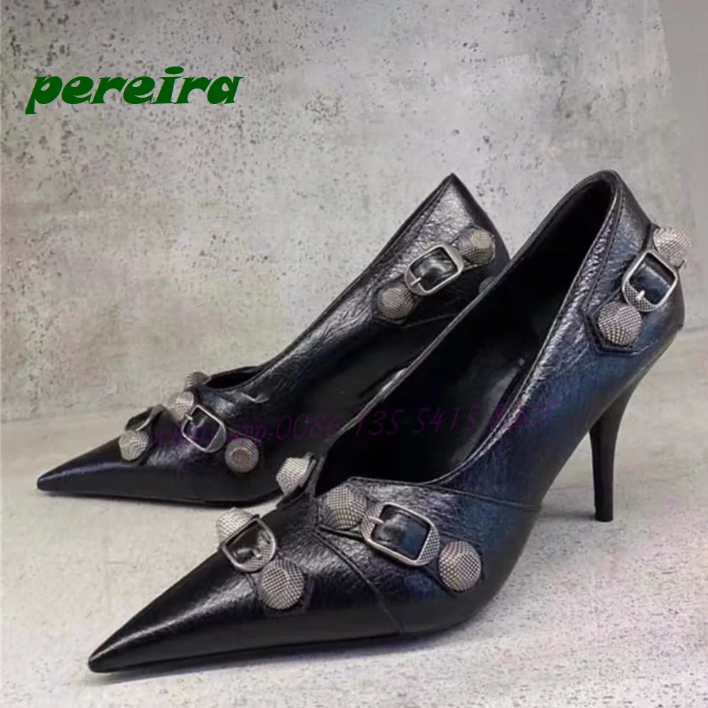 Black Rivet Shallow Pumps Pleated Leather Pointed Toe Thin Heels Women's Shoes Solid Slip On Buckle 2023 New Elegant Party Shoe