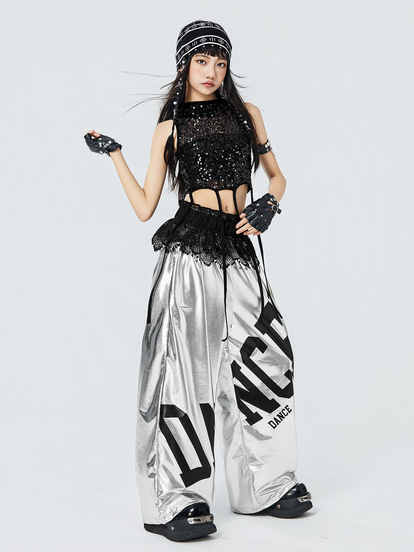 Kids Jazz Dance Clothes Sequined Hooded Tops Silver Hiphop Pants Kpop Y2K Style Stage Outfits Runway Show Costume Summer BL19735