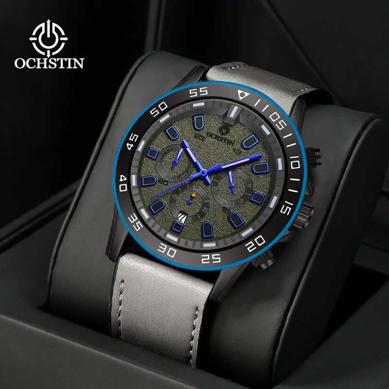 OCHSTIN Pilot Series Man Comfortable Leather Strap Tough Hardened Mineral Glass Men's Classic Quartz Movement Watch For Male