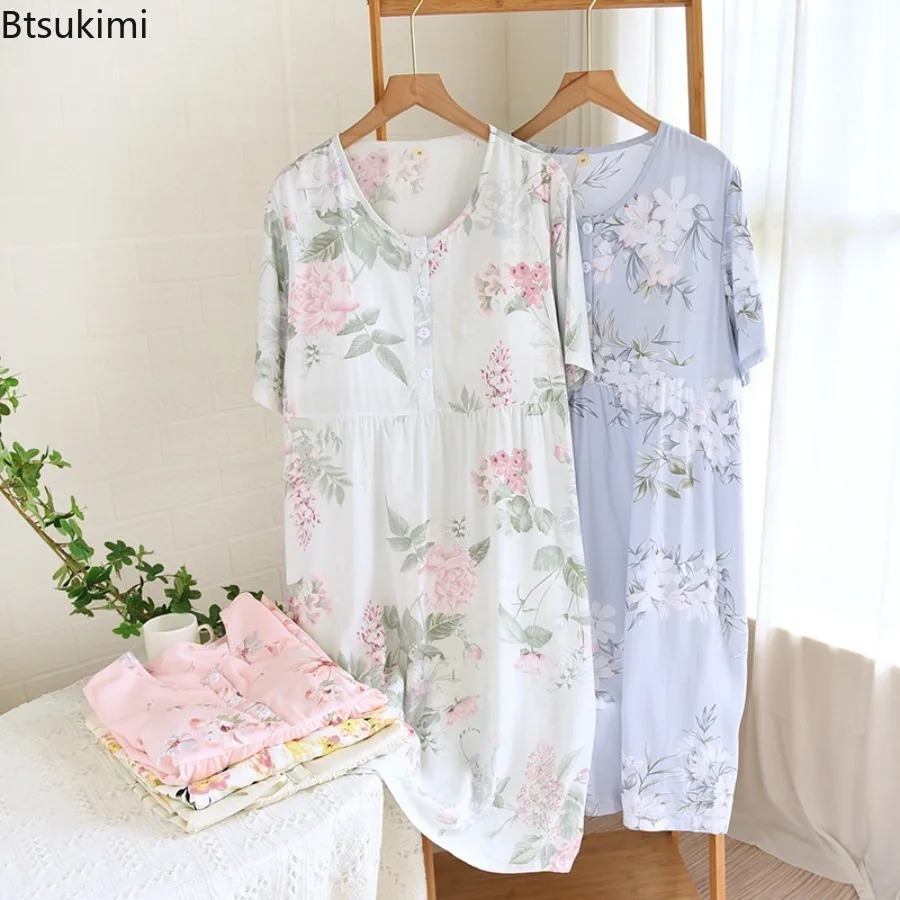 2026 Summer Cotton Short Sleeved Nightgown for Women Artificial Cotton Loose Fitting Pullover Long Length Nightgown Home Wear