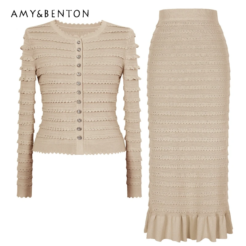 

French Style Rhinestone Women's Knitted Cardigan Jacket 2026 Spring Autumn New Versatile Fashion Sexy Slimming Skirt Set Ladies