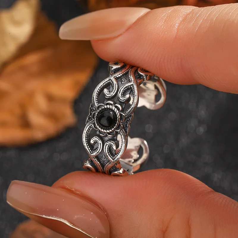 

925 Sterling Silver Vintage Hollow Open Ring Unique Baroque Style Adjustable Band Unisex