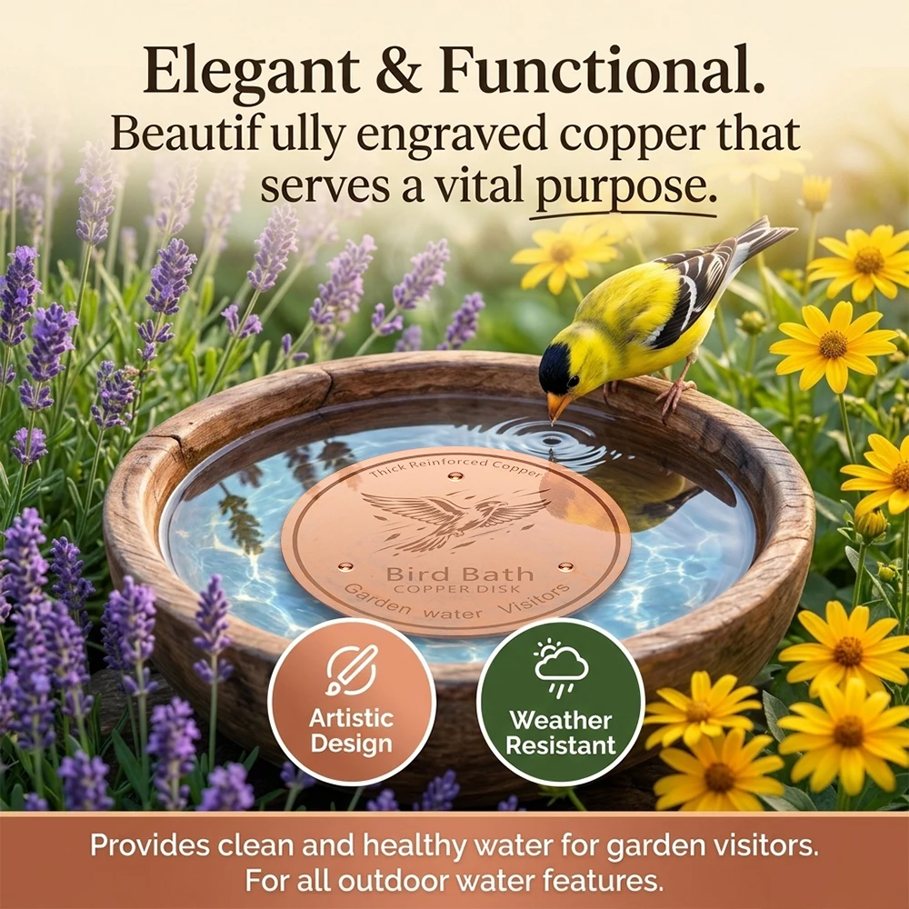 Copper Bird Bath Floating Disk, Thick Reinforced Metal Water Float with Engraved Flying Eagle Design for Garden Outdoor