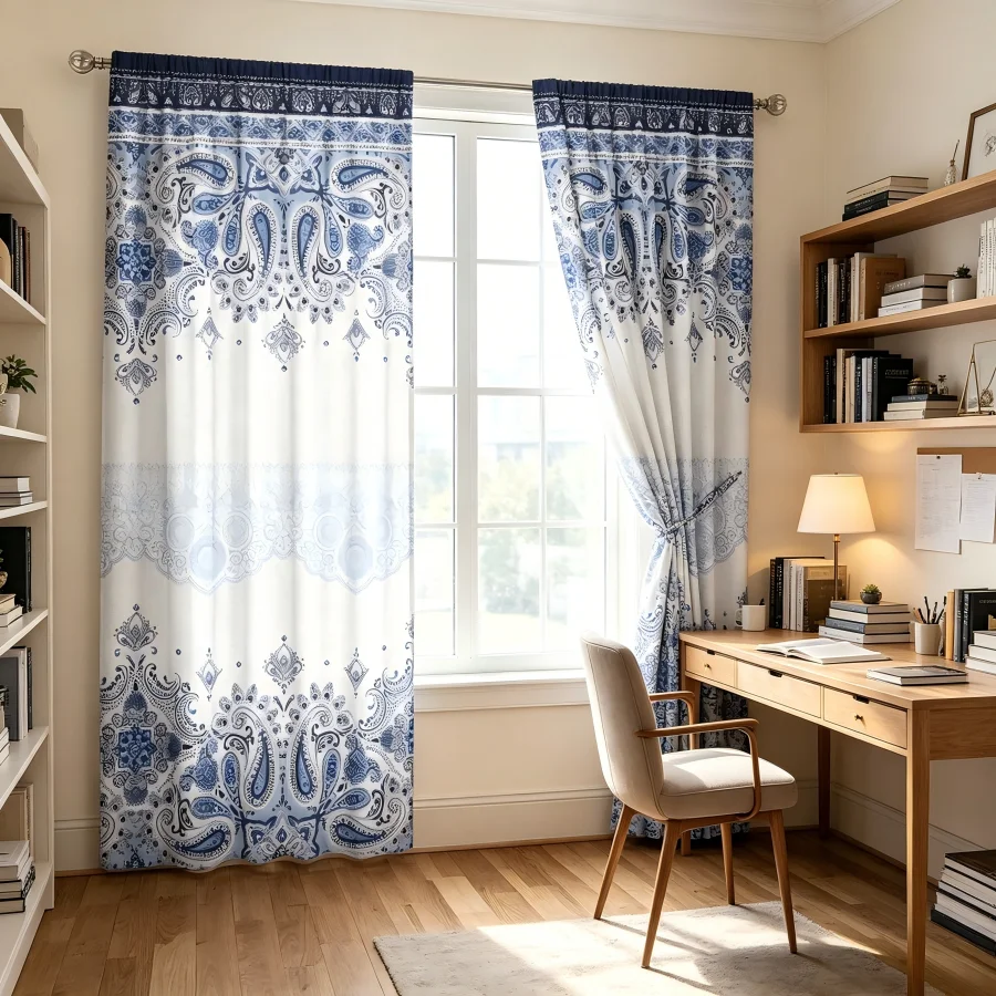 2PCS Digital Print  Curtain, Blue White Paisley, Bohemian Style  Curtain Panel for Home Living Room Bedroom Decor