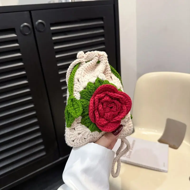 

JIAERDI Fashion Knit Rose Crossbody Bag Women Creative Handmade Wool Finished Shoulder Bag Ladies Unique Casual Phone Coin Purse