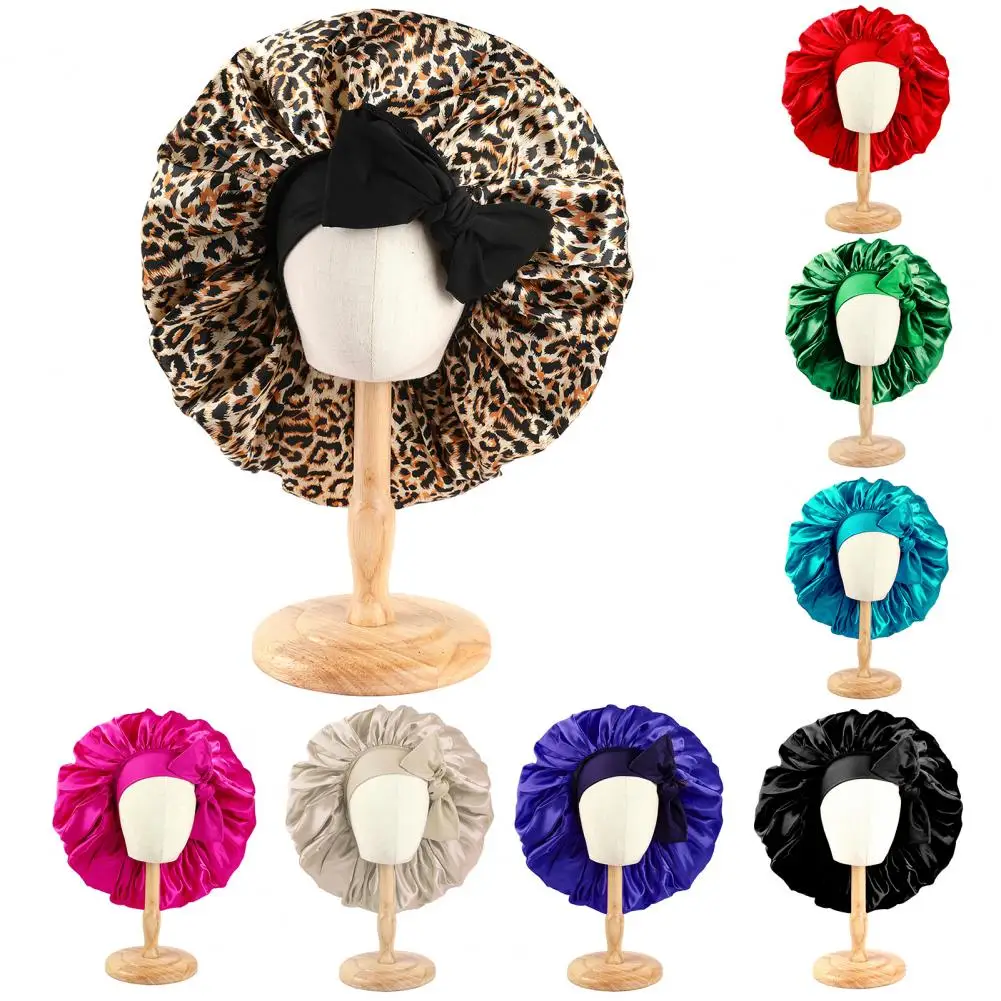 45cm Hair Cap Satin Bonnet Sleeping Bonnet Bow Decor Elastic Band High Density Women Braids Curly Night Hat Bath Shower Cap