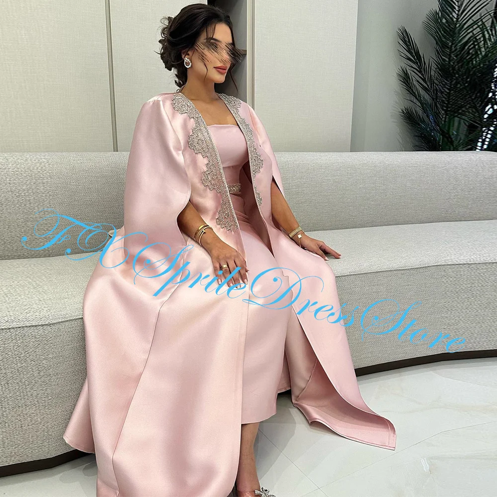 Pink Sleeveless Satin Ankle Length Straight Evening Dress Exquisite Strapless Pleats Crystal Shwal Saudi Arabia Vestido De Noche