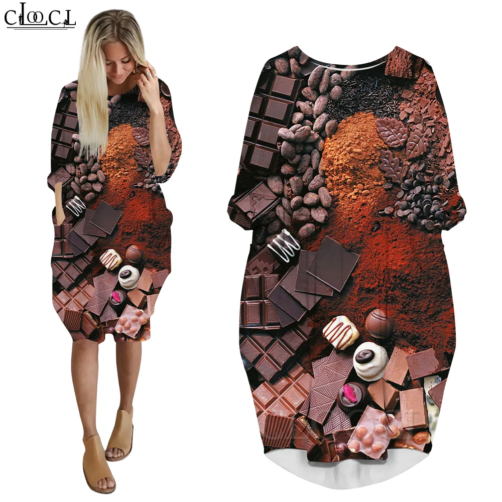 CLOOCL Dresses Women Oversized Autumn Long Sleeves Pockets Clothing Chocolate Plate with Cocoa Bean Powder Print Street Dresses