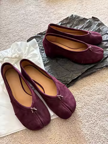 Womens Genuine leather Roundtoe midheel shoes With pleats Tibi Splittoe shoes  Sheepskin ballet flats 3cm heel height